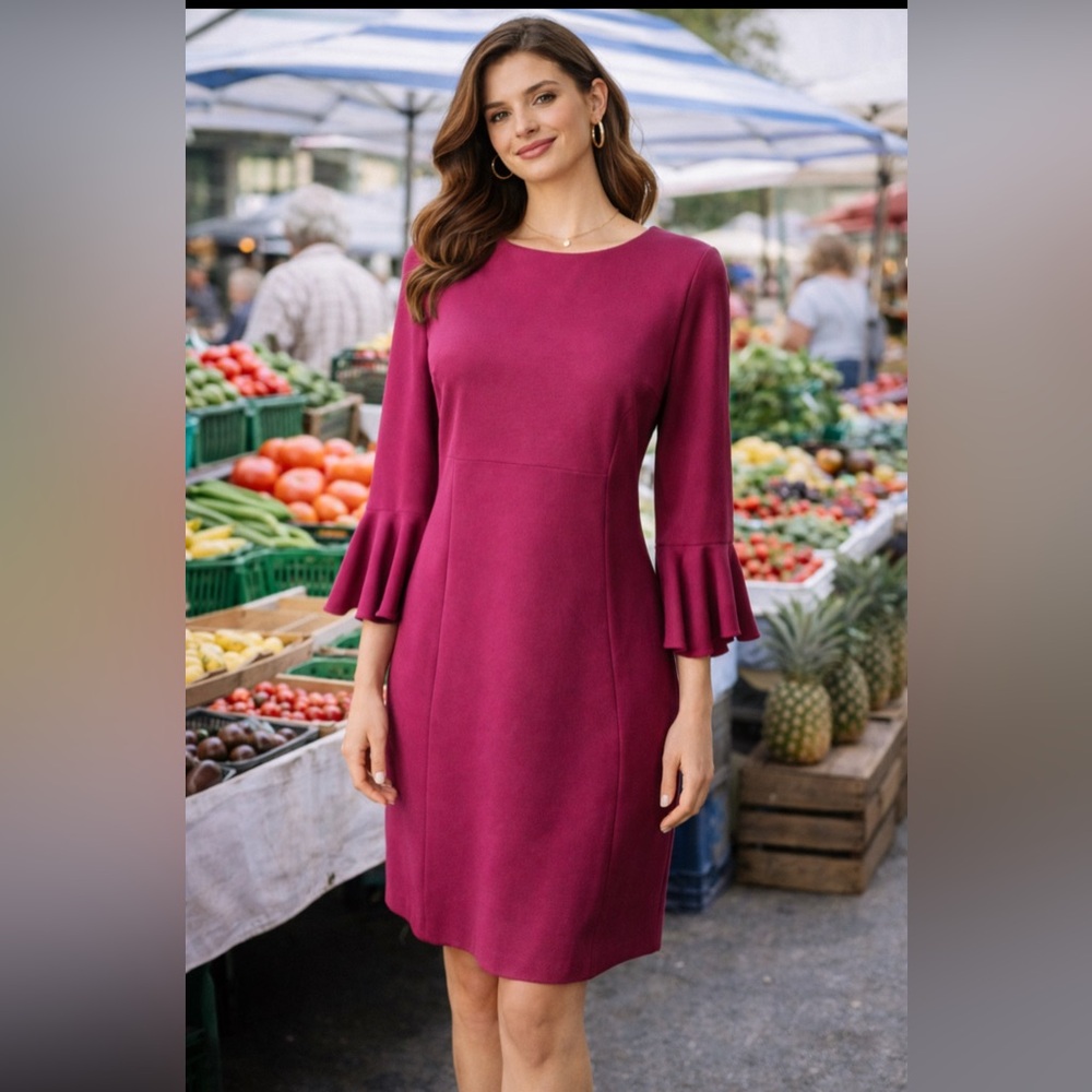 Trina Turk Raspberry Pink Stretch Sheath Dress 3/4 Sleeve 6